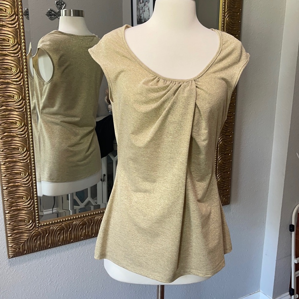 WHBM Gold Shimmer Cap-Sleeve Pleated Top